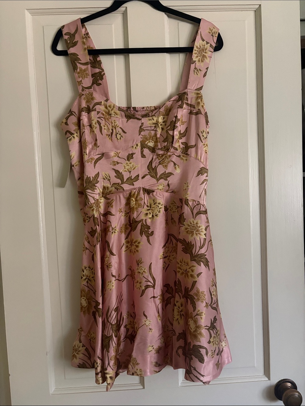 Anthropology Maeve Pink Satin Mini Dress with Gold Floral Print